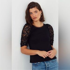 Anthropologie‎ Black Sequin Lace Puff Sleeve Blouse